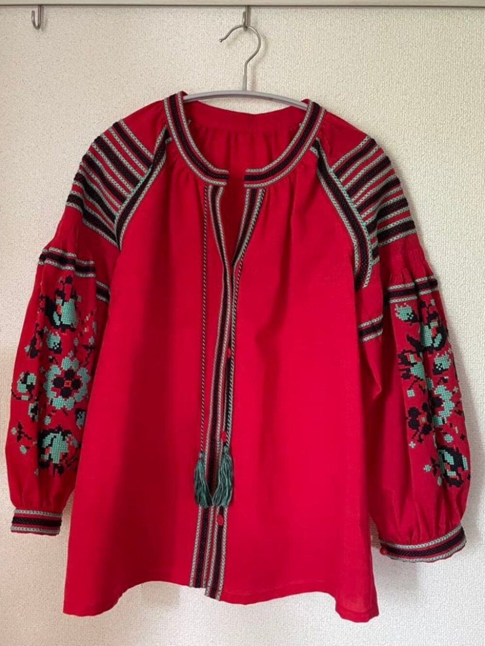 AKIRA Embroidered Boho Peasant Blouse Top with Tassels